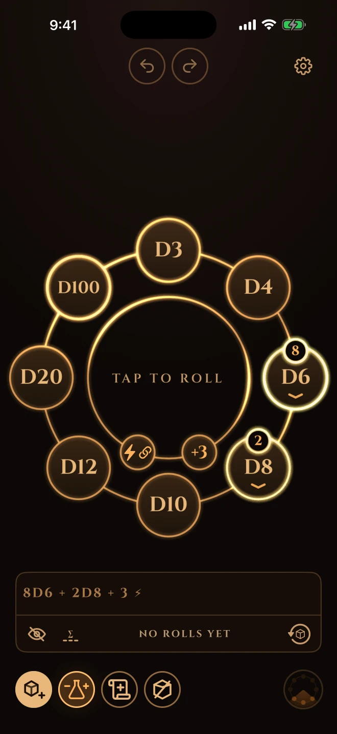 Builder mode with a pool of 8d6 plus 2d8 plus 3 assembled, exploding dice armed, and count beads on the dial.