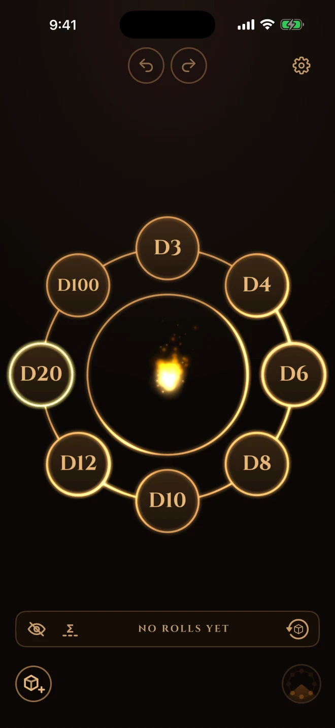 Dice Builder at rest: eight dice ringing a glowing dial, with a torch burning at the hub and the d20 armed.