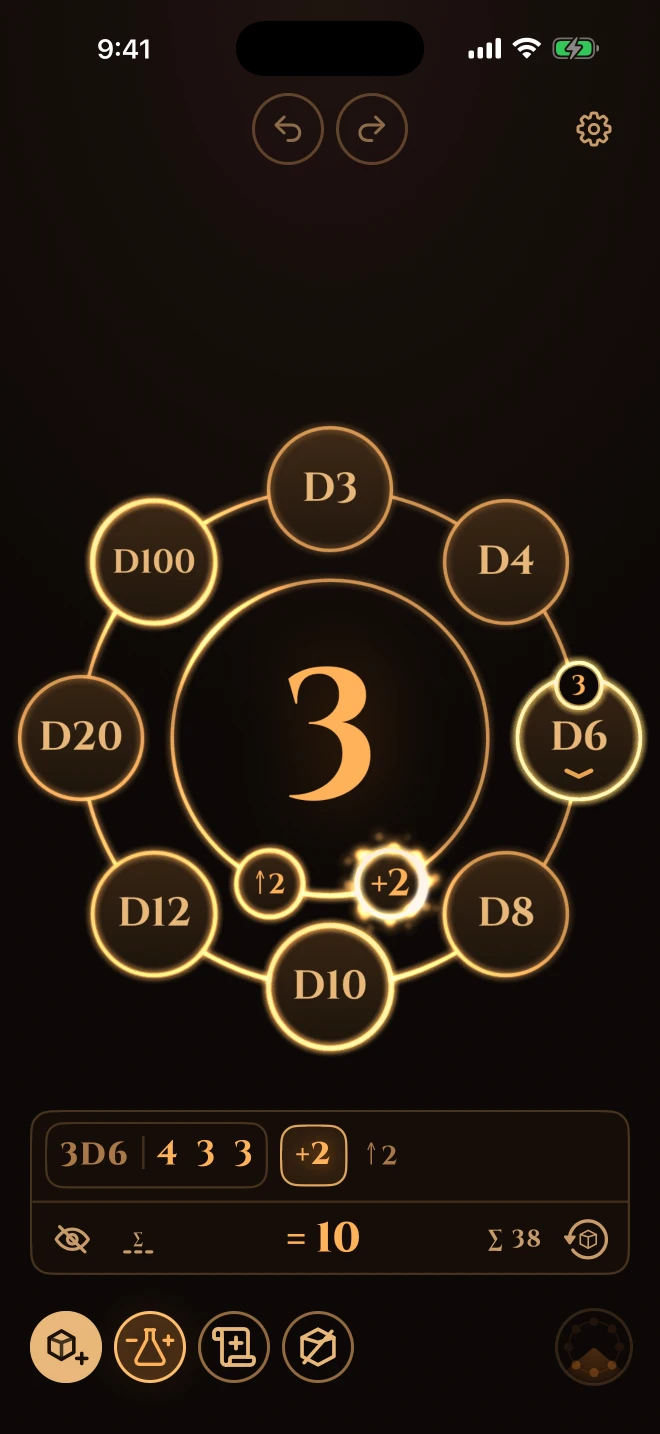 A roll landing with its modifiers firing: lit badges riding the hub, a plus two and a keep highest rule both active.