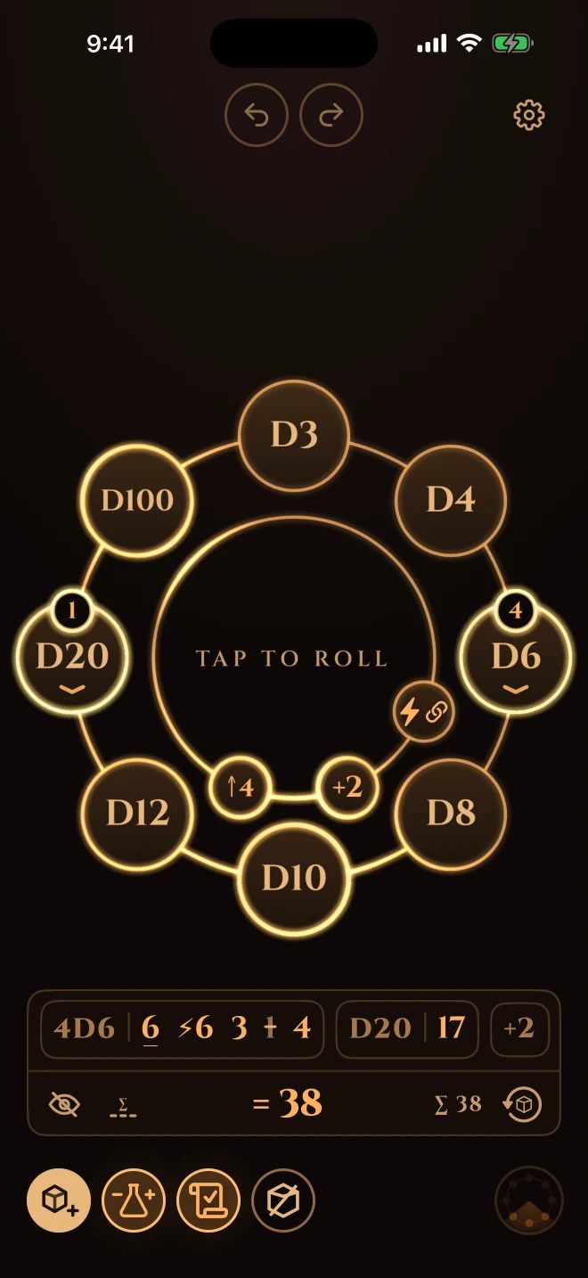 A pool armed on the dial: count beads on the d20 and d6, exploding, keep highest and plus two badges riding the hub, and the last roll still readable in the bar below.