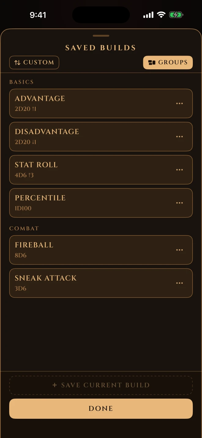 The saved builds manager: named builds grouped under Basics and Combat, each showing the dice and rules behind it.