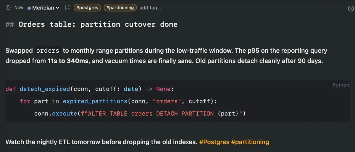 The CogniLog composer formatting an entry live as it is typed: a heading, bold text, a syntax-highlighted Python code block, and inline tags.