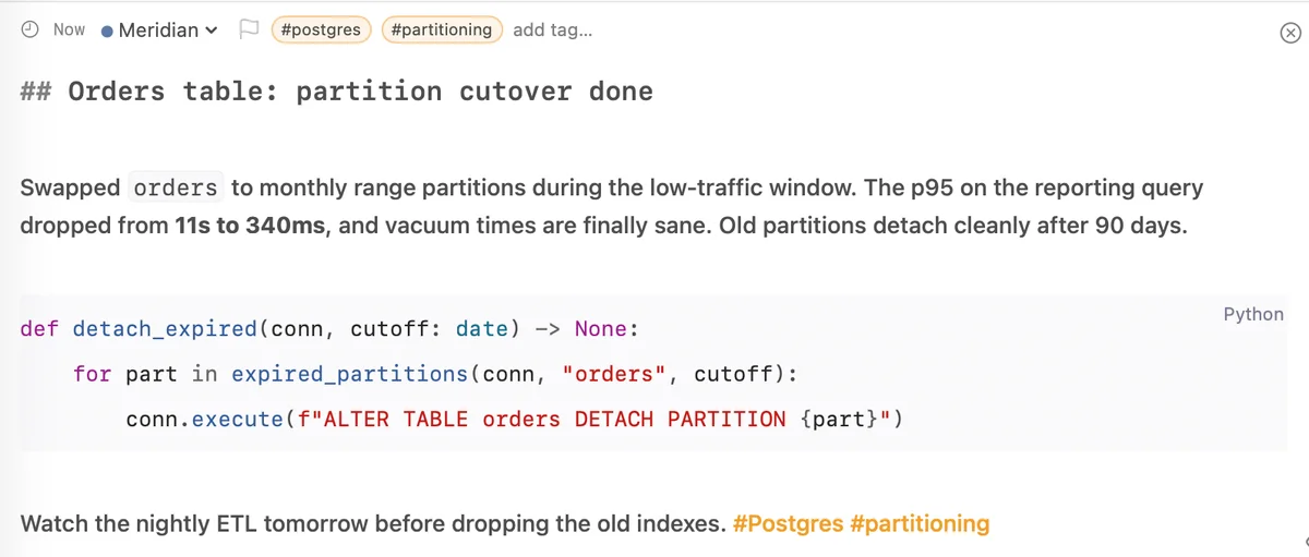 The CogniLog composer formatting an entry live as it is typed: a heading, bold text, a syntax-highlighted Python code block, and inline tags.