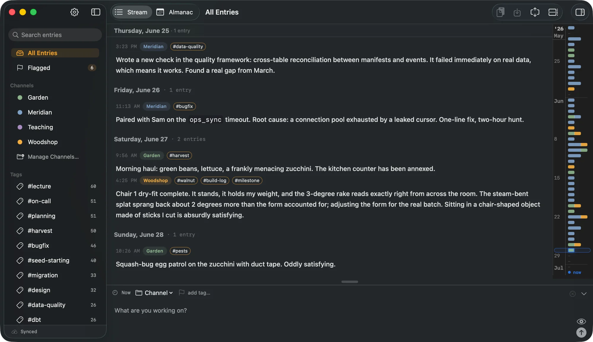 CogniLog on the Mac. The Stream timeline grouped by day, with channels and tags in the sidebar.